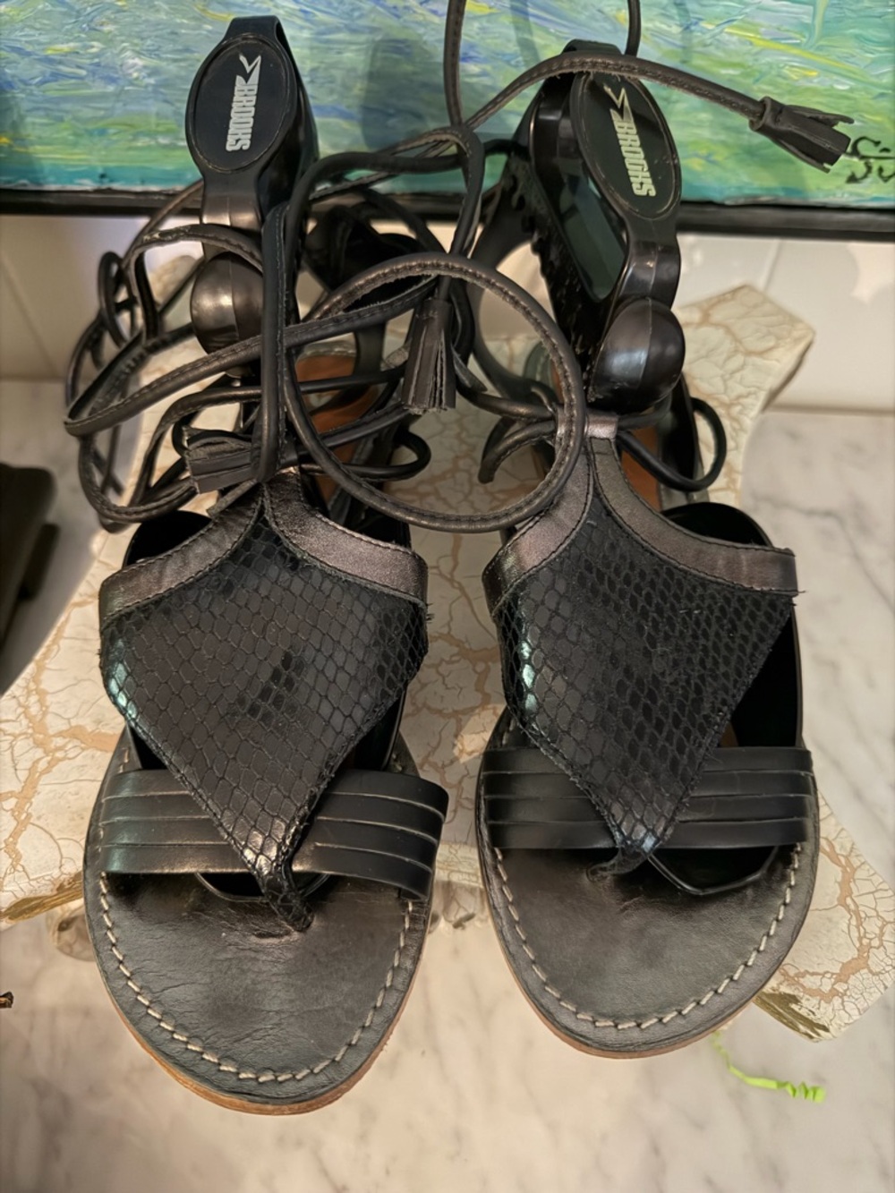 leifsdottir Black Lace-Up Snake-Texture All Leather Flat Sandals